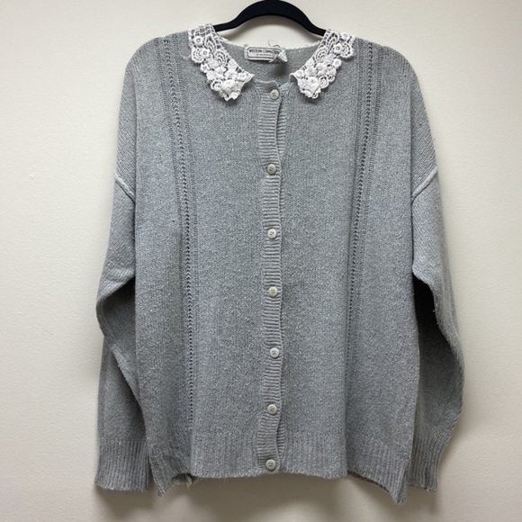 Vintage WESTERN CONNECTION | Silk Angora blend Cardigan size L Gray/White - Picture 1 of 13